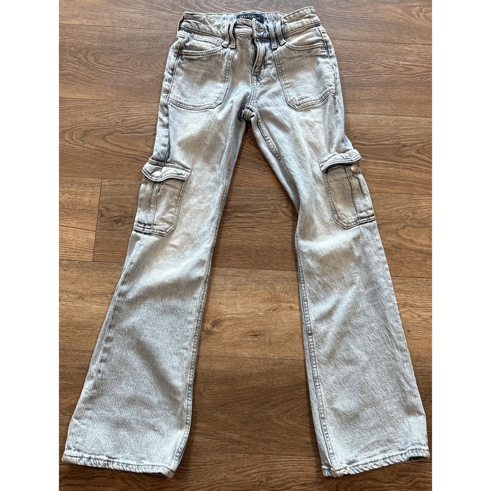 Aeropostale Jeans Sz 00R Light Wash Cotton Mid Rise Flare Cargo Y2K Boho Style